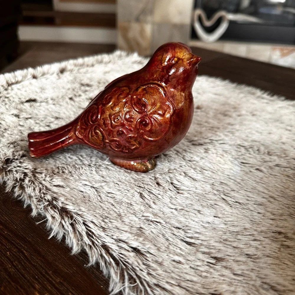 Hand crafted upcycled Red gold Ceramic rustic farmhouse Bird Figurine